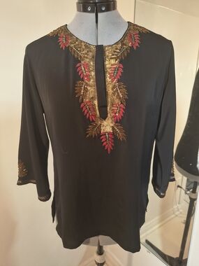 Lakshita Black Top with Gold Script Label & Red Accent
